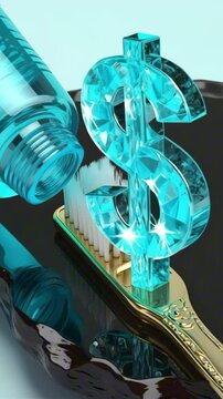 vertical 9:16 Toothpaste tube pushing out a sparkly $ sign in creamy texture, coiling on a gold toothbrush