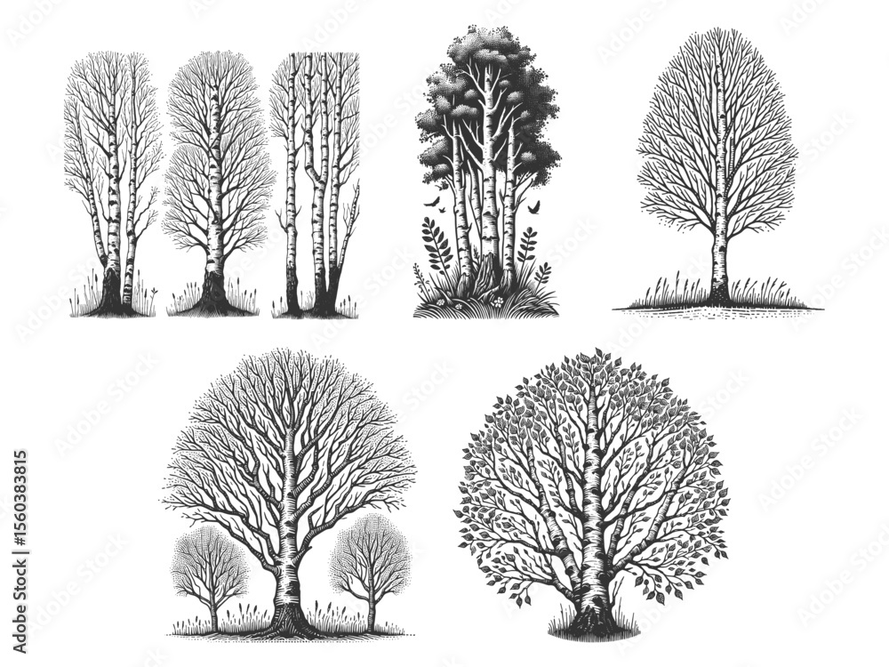 Poster birch tree set collection bundle sketch engraving generative ai vector illustration. scratch board i