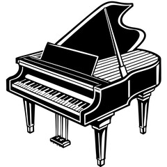 Grand piano, musical instrument doodle in black. Black and white piano music concept hand drawn doodle illustration
