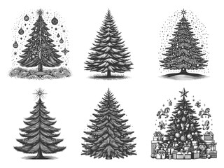 Christmas Trees with Gifts and Decorations Set collection bundle sketch engraving generative ai vector illustration. Scratch board imitation. Black and white image.