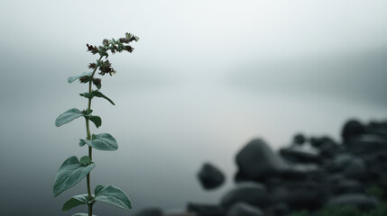 serene and minimalistic garden landscape featuring single plant against clean background