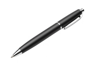 A sleek black metal pen with silver accents isolated on a transparent background