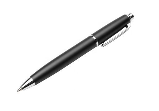 A sleek black metal pen with silver accents isolated on a transparent background