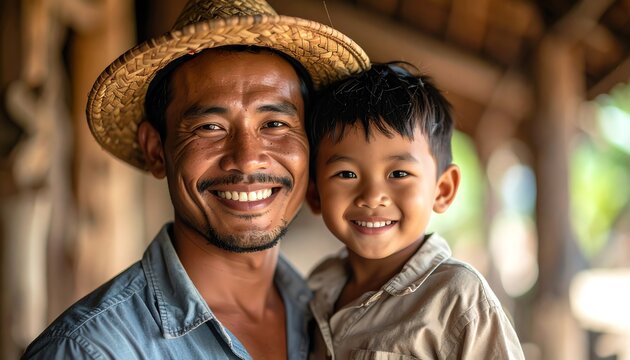 Cultural representation of a man and his son enjoying time together in a traditional village setting in thailand - Powered by Adobe