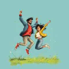 A couple jumps in the air, celebrating a joyful moment together.