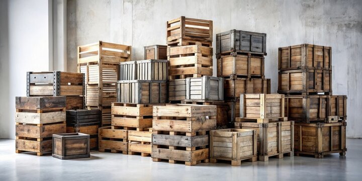 A Collection of Rustic Wooden Cargo Boxes Stacked in a Warehouse Setting