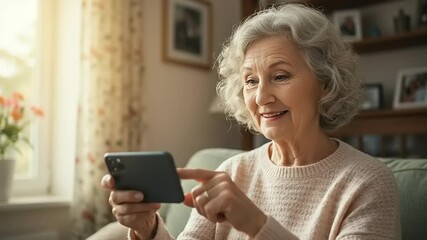 Elderly woman smiling while using a smartphone at home, surrounded by cozy decor and natural light - Powered by Adobe