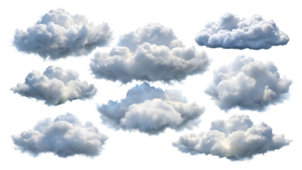 Collection of fluffy white cumulus clouds with blue sky undertones isolated on a transparent background