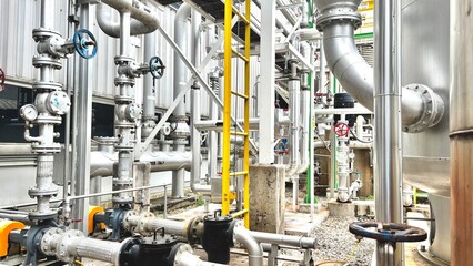 Industrial cooling tower with connected insulated pipelines and filters. Essential part of HVAC and...