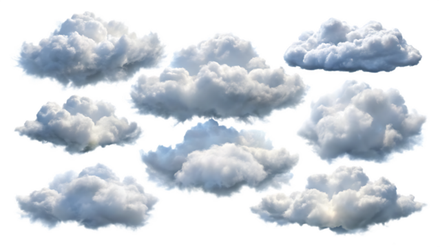 Collection of fluffy white cumulus clouds with blue sky undertones isolated on a transparent background