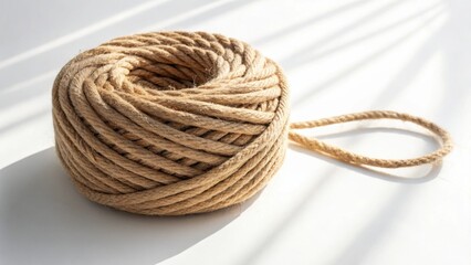 Obraz premium Thick natural fiber rope coiled neatly with a loop on a bright white background