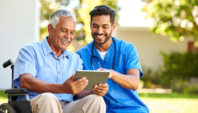 Friendly nurse assisting a smiling senior man in a wheelchair while using a digital tablet together in care setting - Powered by Adobe