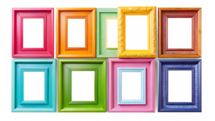 Collection of eight colorful picture frames with abstract digital art inside isolated on a transparent background