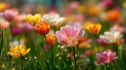 Beautiful spring meadow with grass and blooming flowers on a sunny day, a butterfly sitting on flower, Soft-focus background. Spring landscape. Beautiful nature scene.