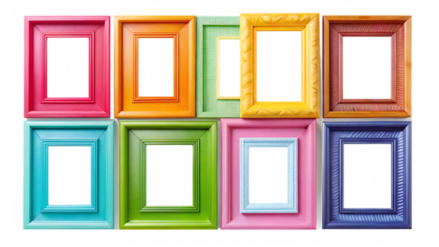 Collection of eight colorful picture frames with abstract digital art inside isolated on a transparent background - Powered by Adobe
