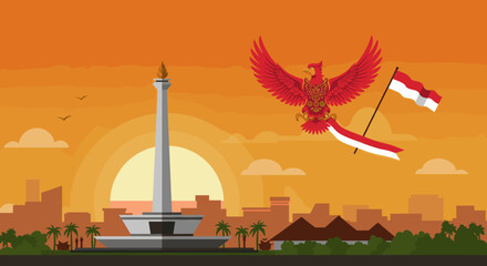 Fototapeta premium This vector image depicts the iconic Monas (National Monument) in Jakarta with a red bird soaring above, carrying the Indonesian flag.