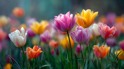 Obraz premium Beautiful spring meadow with grass and blooming flowers on a sunny day, a butterfly sitting on flower, Soft-focus background. Spring landscape. Beautiful nature scene.