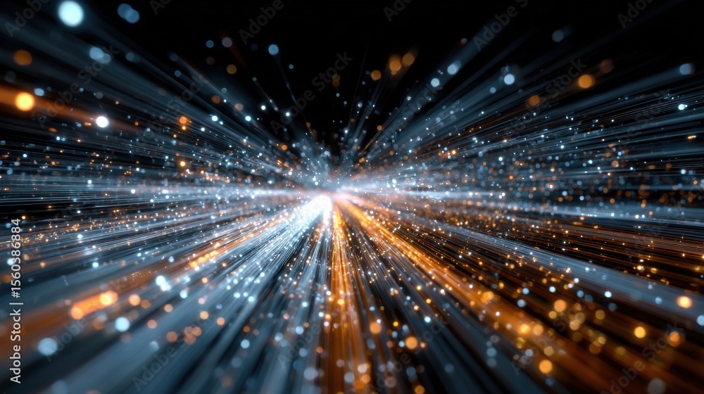 Poster fiber optic cables transforming into streams of light data packets racing through a futuristic serve