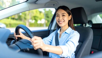 Focused young asian woman driving a car with determination while navigating through busy city streets