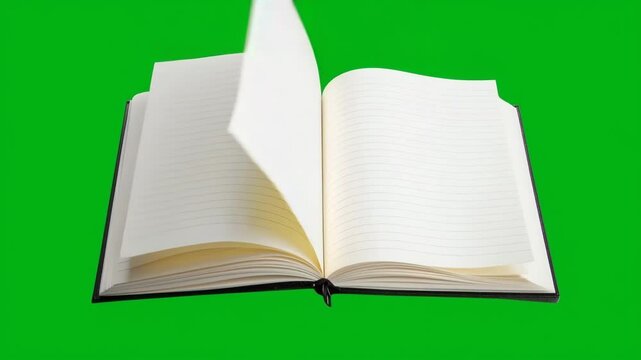 Open Lined Notebook Flipping Pages on Green Screen
