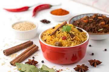 Delicious biryani in a red bowl accompanied by colorful spices and rice