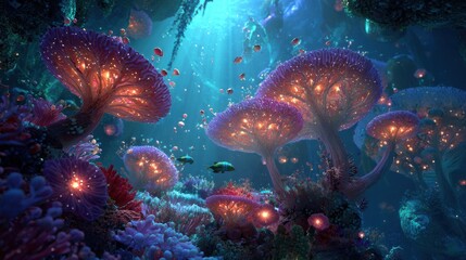 Obraz premium Organic living coral reef chambers with bioluminescent filtration systems shaped like giant sea anemones