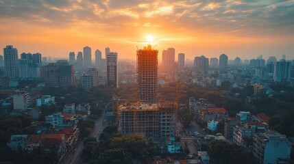 Obraz premium Sunrise over a city skyline with a skyscraper under construction