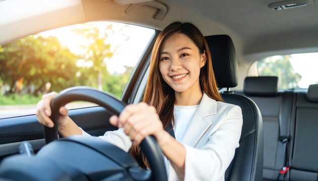 Confident young asian woman driving a car while enjoying the scenic views on a bright sunny day
