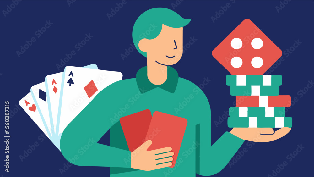 Poster a person holding a deck of cards and a stack of poker chips with the phrase exercising memory and de