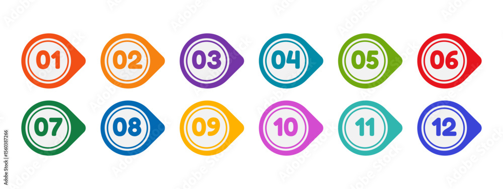 Poster icon template multicolored bullet point markers with numbers from one to twelve. brightly colored fl