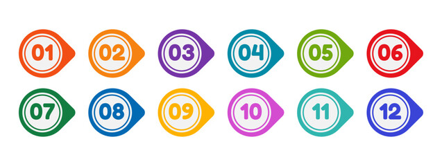Icon template multicolored bullet point markers with numbers from one to twelve. Brightly colored flag markers.Vector flat illustration , isolated on white background