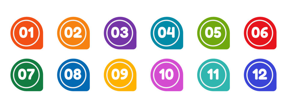 Colorful bullet points set of numbers from zero to twelve. Multicolored circles and numbers. Set of markers with numbers.  Vector flat icons isolated on white background