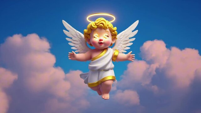 A 3d angel cherub with a halo and $ sign eyes in a cloudy blue sky
