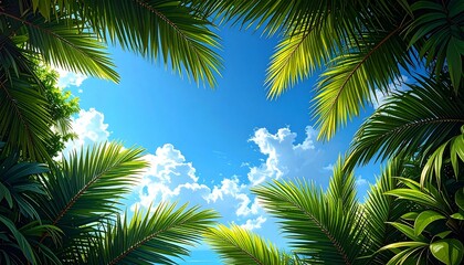 Fototapeta premium Lush Tropical Paradise Palm Trees and Blue Sky