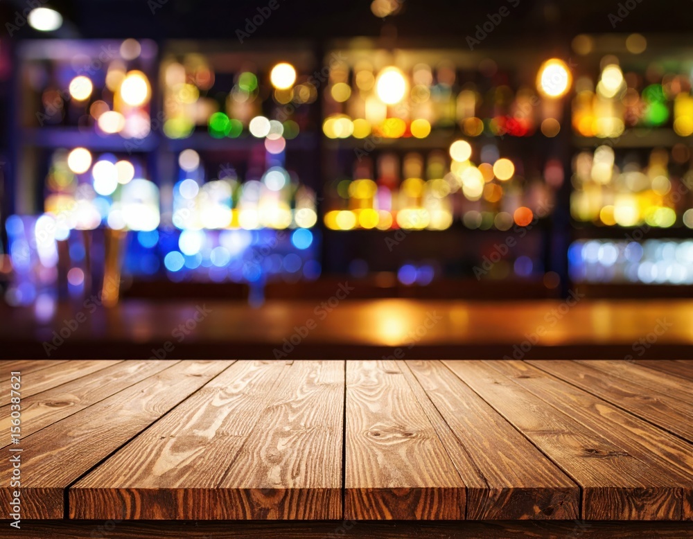 Poster empty wooden table with blurred background and bokeh lights