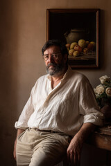 chronicler portrait on left side of frame hands out of view expressing calmness