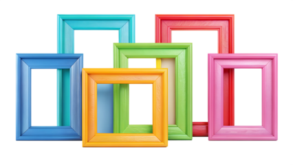 Collection of six colorful empty picture frames arranged on black background isolated on a transparent background