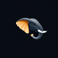 Stylized elephant head illustration with dark gray and orange hues on a black background, featuring tusks and large ears.