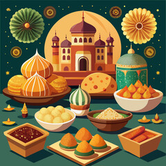 Eid Al-Fitr Festive Feast: Traditional Sweets and Delights with Decorative Mosque