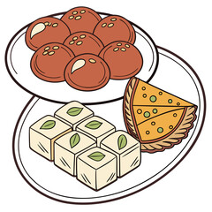 Cartoon plate with Gulab Jamun, Kalakand, and Modak, representing Indian sweets for festive occasions.