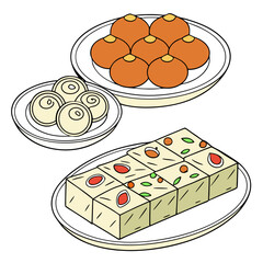Delicious Indian Sweets: Motichoor Ladoo, Cham Cham, and Barfi Illustration