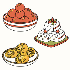 Colorful Illustration of Traditional Asian Sweets: Laddu, Burfi, and Orange Slices