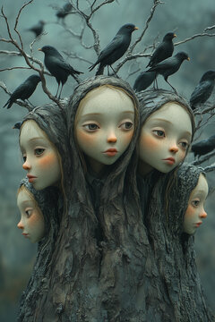 Surreal fantasy tree with human faces and birds, symbolizing unity of nature and mind. Mysterious, dreamlike atmosphere.