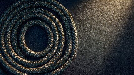 Coiled fitness rope on gym floor, textured rubber detail, dramatic lighting - Strength and movement in focus