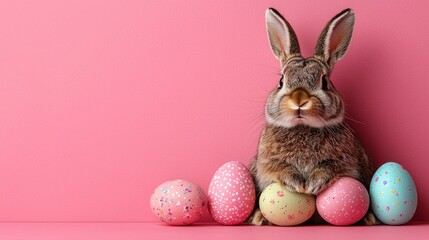 Easter bunny with colorful eggs on pink background