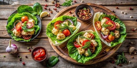Delicious and healthy lettuce wraps filled with seasoned protein, vibrant tomatoes, and fresh herbs, arranged artfully on a rustic wooden surface.