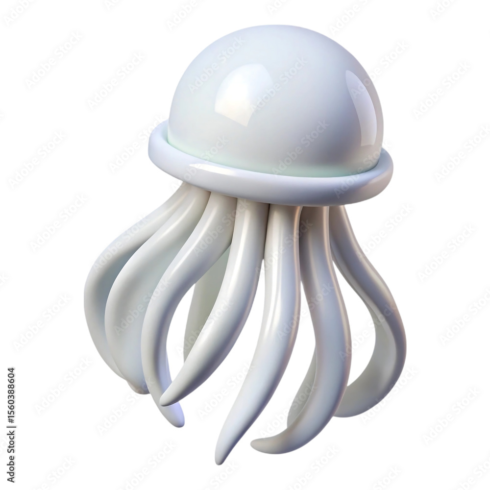 Poster stylized 3 d render of a white jellyfish with a glossy finish and curved tentacles against a black b