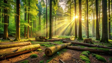 Sunbeams Illuminate a Mystical Forest Scene with Fallen Logs Covered in Moss