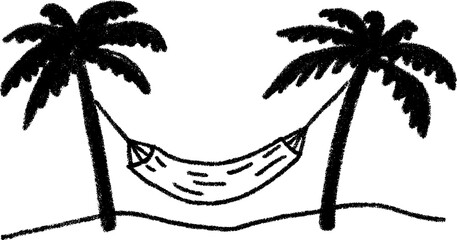 Relaxing hammock sketch tied between two palm trees in black texture