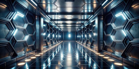 Futuristic Corridor with Illuminated Hexagonal Panels and Reflective Flooring